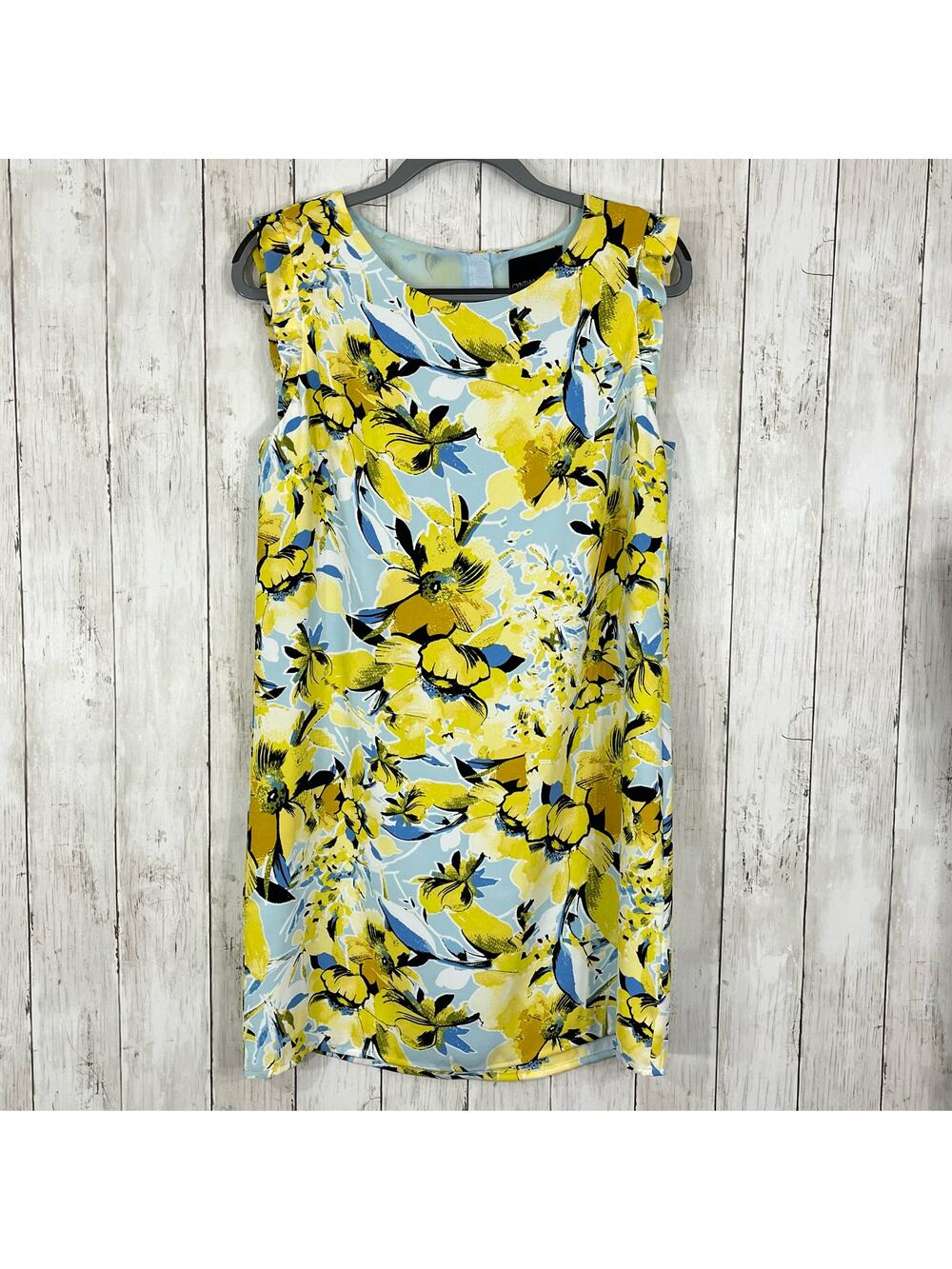 Cynthia Rowley Shift Tunic Flutter Ruffle Sleeve Yellow Blue Floral Lined Dress